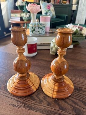 Set of 2 Hand-Turned Wooden Candlestick Pair in Natural Honey Finish